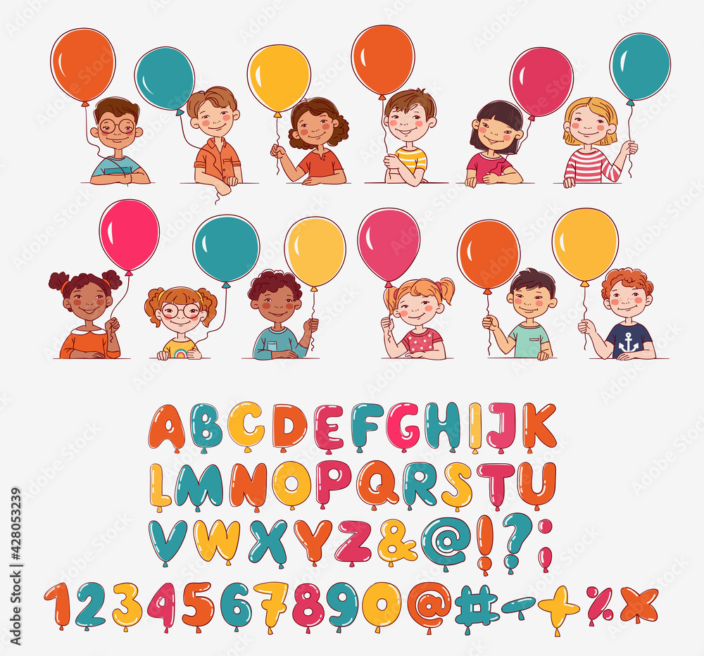 Funny kids with letter and number balloons. Vector cute boys and girls collection. Multi-ethnic group of happy children. Different cartoon faces icons. Balloon vector alphabet character set