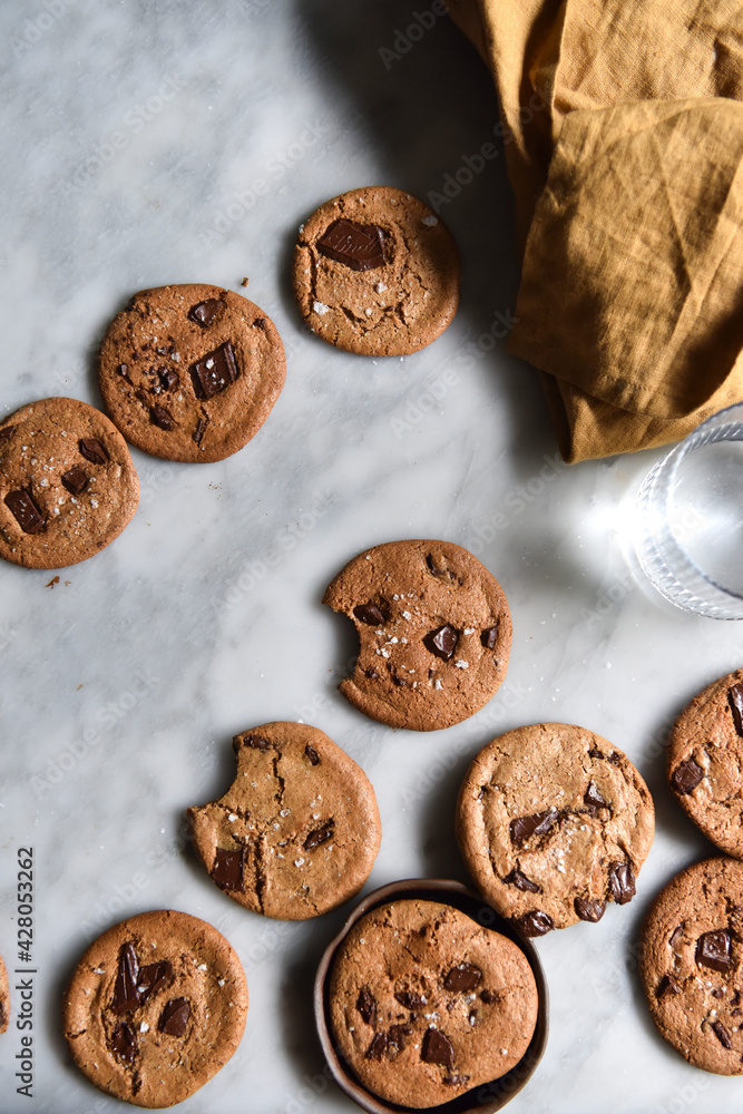 Homemade chocolate cookies on a work surface Homemade chocolate cookies on a work surface