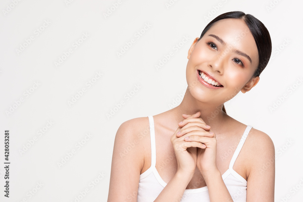 Beautiful Young Asian Woman Holding Hands smile feeling so happy and cheerful with healthy Clean and Fresh skin,isolated on white background,Beauty Cosmetics Concept Beautiful Young Asian Woman Holding Hands smile feeling so happy and cheerful with healthy Clean and Fresh skin,isolated on white background,Beauty Cosmetics Concept