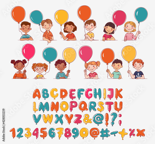 Funny kids with letter and number balloons. Vector cute boys and girls collection. Multi-ethnic group of happy children. Different cartoon faces icons. Balloon vector alphabet character set