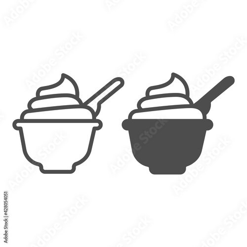 Plate of sour cream with spoon line and solid icon, dairy products concept, Plate with cream sign on white background, Yogurt with spoon icon in outline style for mobile and web. Vector graphics.