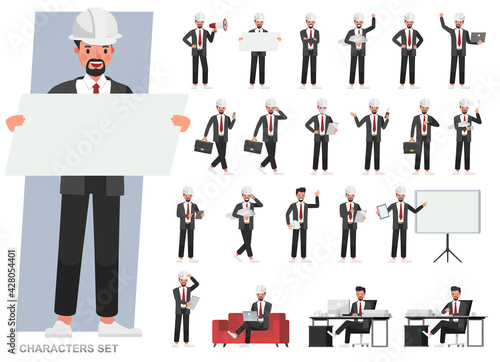 Set of engineer man working character vector design. Presentation in various action with emotions, running, standing and walking.