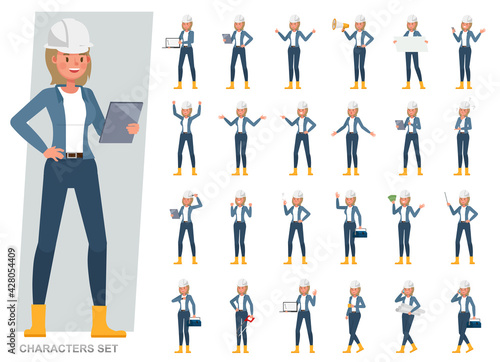 Set of engineer woman wear blue jacket working character vector design. Presentation in various action with emotions, running, standing and walking.