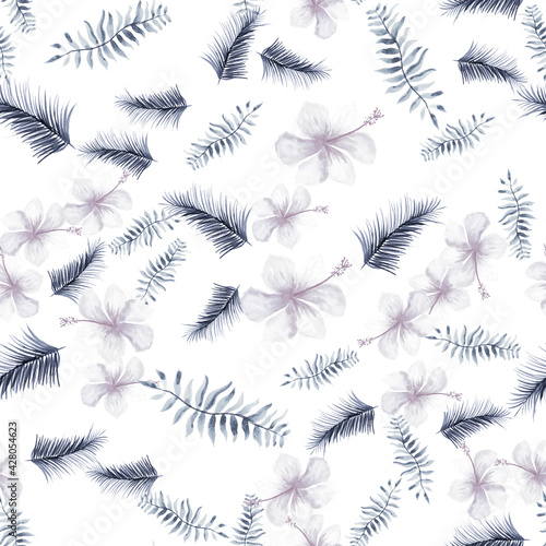 White Tropical Design. Azure Seamless Foliage. Indigo Pattern Texture. Gray Flower Foliage. Yellow Spring Background. Blue Decoration Textile. Wallpaper Background.