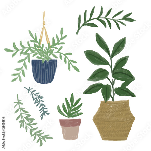 観葉植物　セット　インテリア　植物　手描き　水彩
