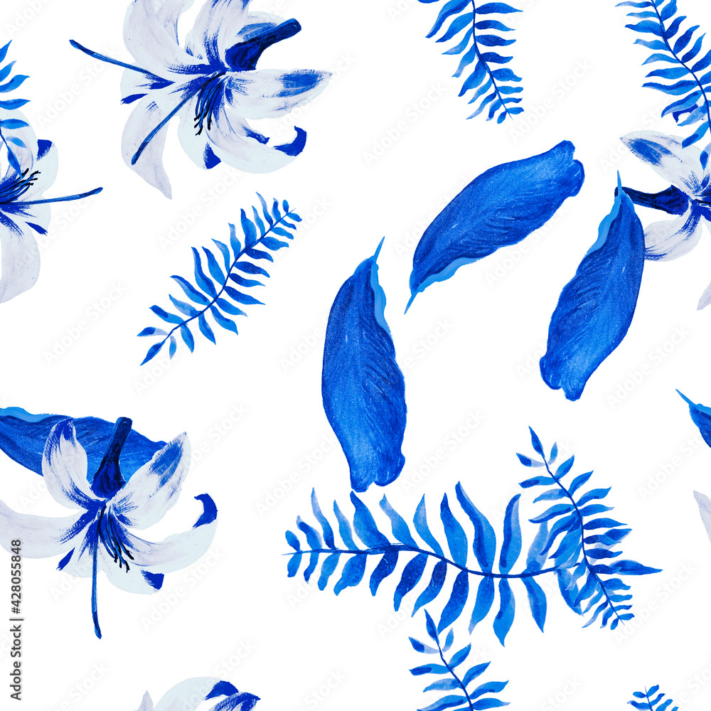 Navy Pattern Plant. Gray Tropical Botanical. Azure Seamless Leaf. Blue Decoration Illustration. White Spring Design. Indigo Flower Leaves. Watercolor Design.