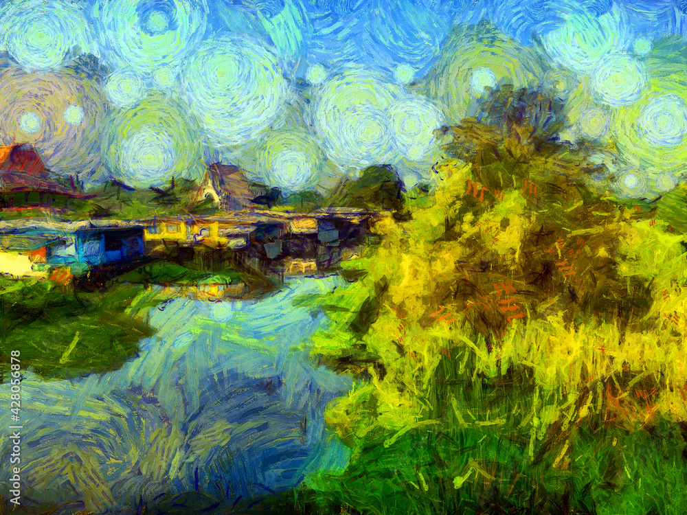 The landscape of the canal house Illustrations creates an impressionist style of painting.