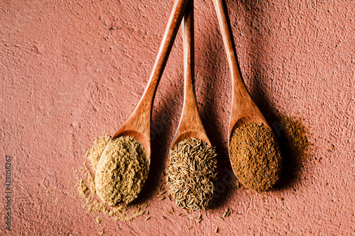 Three wooden spoons holding dired corriandor, cumin seed, and chipotle chile powder.