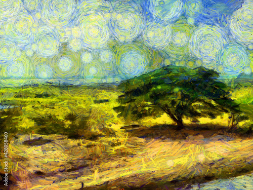Fototapeta Naklejka Na Ścianę i Meble -  Landscape of big trees, grassland and sky Illustrations creates an impressionist style of painting.