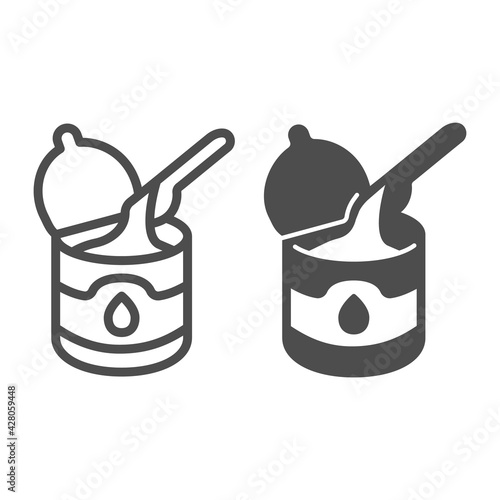 Tin can of condensed milk with spoon line and solid icon, dairy products concept, Condensed milk can and spoon sign on white background, Milk Creamer Can icon in outline style. Vector graphics.