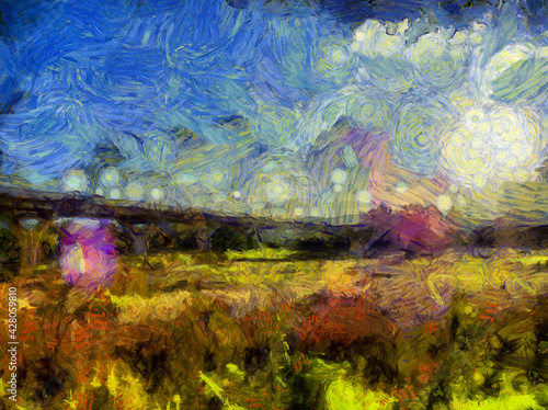 Landscapes of grasslands, forests and sky Illustrations creates an impressionist style of painting.