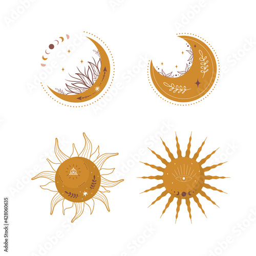 Set of abstract aesthetic moons and suns. Scandinavian design for wallpaper and home decor. Contemporary geometric element. Modern vector illustration in flat style.