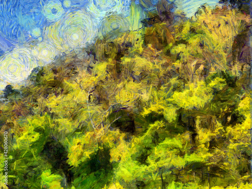 Tree leaves in the sky background Illustrations creates an impressionist style of painting.