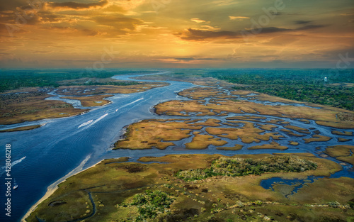 Aerial View of Sunset over Intracoastal Waterway at Jacksonville Beach Florida