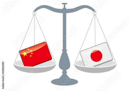 天秤と国旗　中国と日本の国旗　国家対立　国家紛争　国際司法　貿易のイメージイラスト