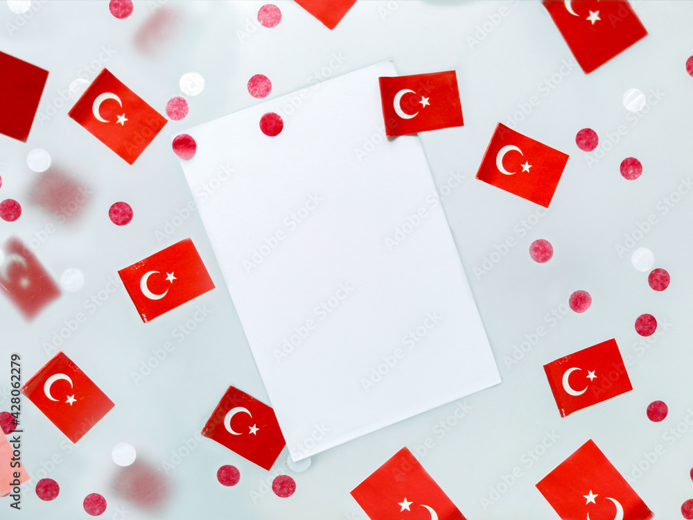 Turkey day national sovereignty and children of the whole world. National flags on a foggy background, concept independence, memory, freedom. Political symbol country