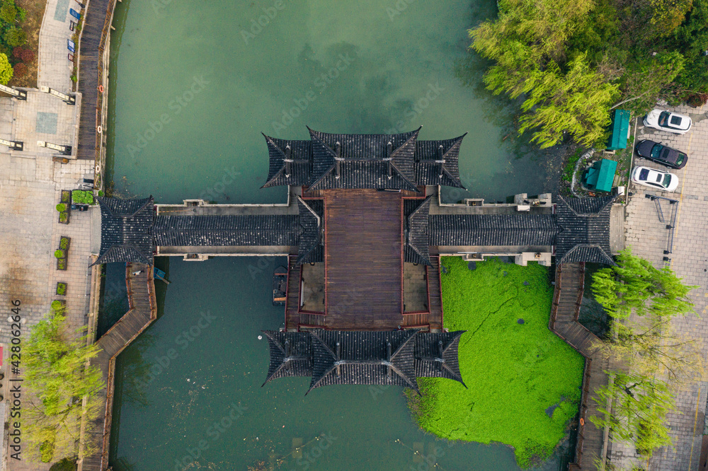 Early morning aerial view of Zhouzhuang, a famous ancient water town in the south of China