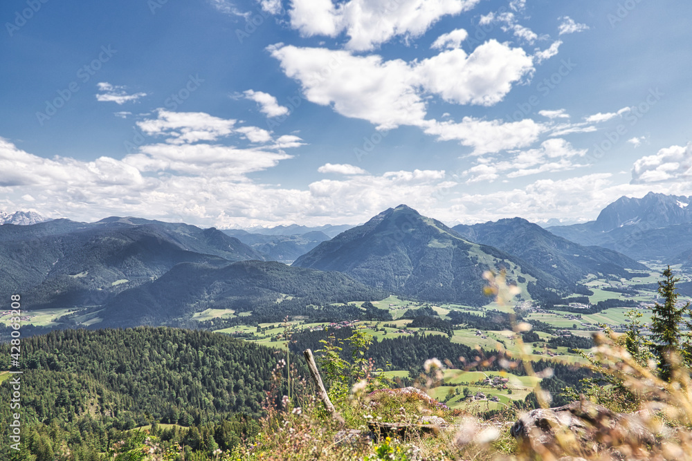 Panorama mountain view during a hiking trail to Taubenseehütte, Reit im Winkl, upper bavaria