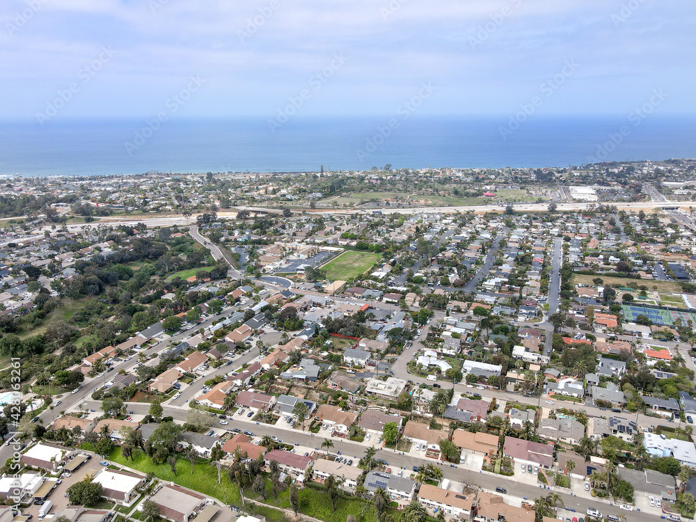 Aerial view of Cardiff town, community in the incorporated city of Encinitas in San Diego County, California. USA