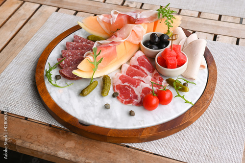 Typical platter of cold cuts, cheeses and fresh fruit