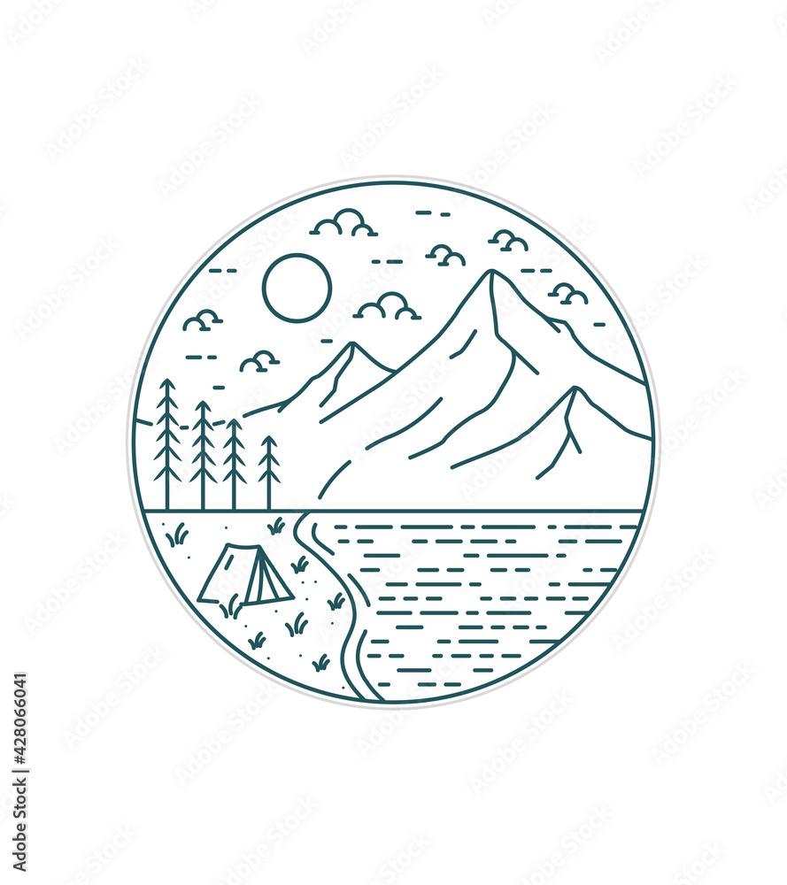 camping by the lake on cloudy days in mono line art ,badge patch pin graphic illustration, vector art t-shirt design camping by the lake on cloudy days in mono line art ,badge patch pin graphic illustration, vector art t-shirt design