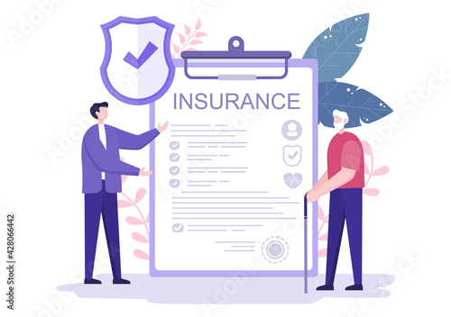 Elderly Insurance Illustration is Used For Pension Funds, Old-Age Guarantee, Health, Risks and Money Protection Concept