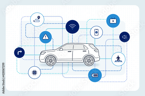 Self-driving car: autonomous driving technology icons, electric vehicle, SUV car side view. editable stroke illustration