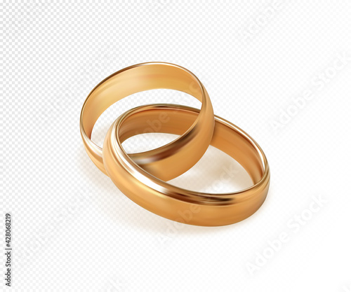 Two interlocking golden wedding rings on transparent background. Quality realistic vector, 3d illustration