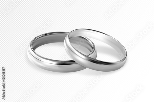 Two silver or platinum wedding rings on transparent background. Quality realistic vector, 3d illustration