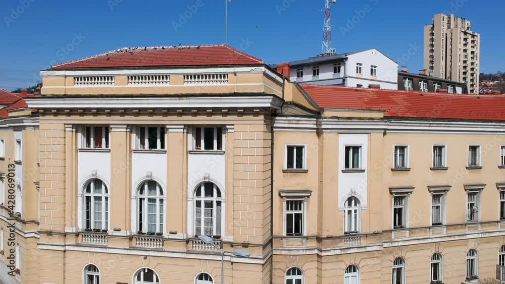 Uzice city hall, Serbia, aerial view, downtown building on sunny day, drone shot Uzice city hall, Serbia, aerial view, downtown building on sunny day, drone shot