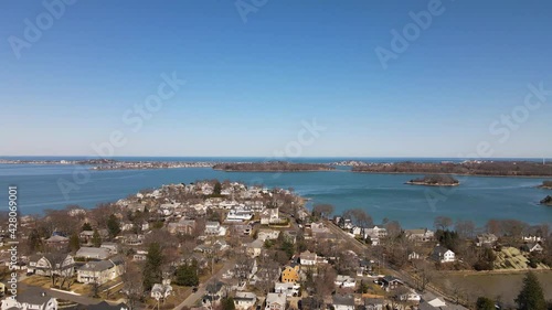 Aerial Drone footage of Hingham Bay, Hull Bay and Boston Harbor.  Pan Right to Left photo