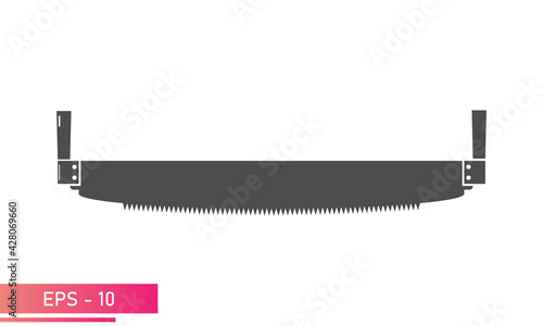 A woodcutters hand saw. For working in the forest. Solid design. On a white background. Tools for the woodcutter. Flat vector illustration.