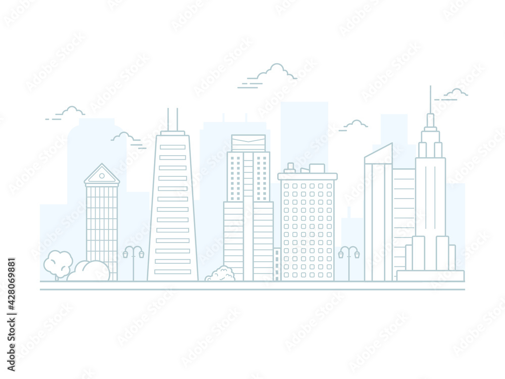Thin line City landscape. Downtown landscape with high skyscrapers. Panorama architecture City landscape template. buildings and store, shop Isolated outline illustration. Urban life illustration