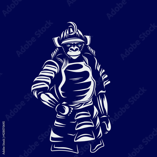 Funny funky japan samurai monkey Line. Pop Art logo. Colorful design with dark background. Abstract vector illustration.