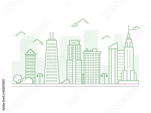 Thin line City landscape. Downtown landscape with high skyscrapers. Panorama architecture City landscape template. buildings and store  shop Isolated outline illustration. Urban life illustration