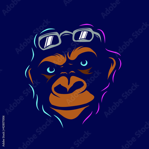 Funny funky monkey Line Pop Art logo. Colorful design with dark background. Abstract vector illustration. Isolated black background for t-shirt, poster, clothing, merch, apparel, badge design photo