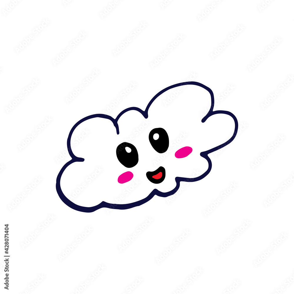 kawaii cute anime. cloud with eyes, cheeks and smiley face. cheerful emoticon illustration. weather icon. hand drawn vector. doodle art for logo, label, clipart, sticker, poster, cover, banner, comic.