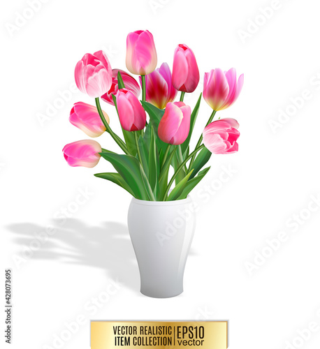 Fototapeta Naklejka Na Ścianę i Meble -  Bouquet of pink tulips in vase isolated on white background