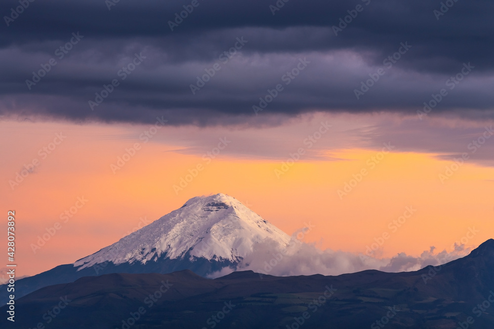 Cotopaxi volcano sunset near Quito, Cotopaxi national park, Ecuador.