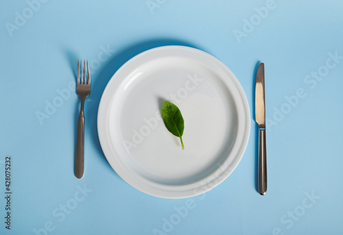 Flat lay composition with spinach leaf on a plate, fork and knife isolated on blue background. Healthy eating concept. © Taras Grebinets