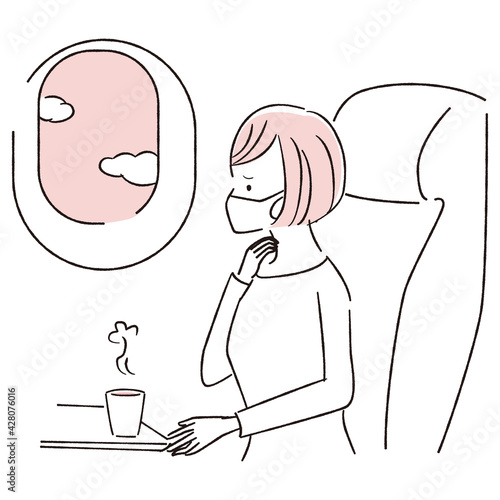手描き1color 　飛行機の中　マスクの女性　のどが痛い