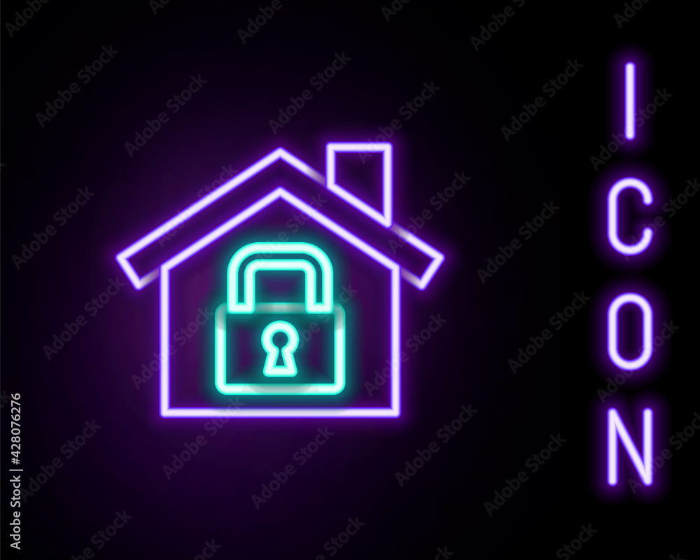 Glowing neon line House under protection icon isolated on black background. Home and lock. Protection, safety, security, protect, defense concept. Colorful outline concept. Vector Glowing neon line House under protection icon isolated on black background. Home and lock. Protection, safety, security, protect, defense concept. Colorful outline concept. Vector