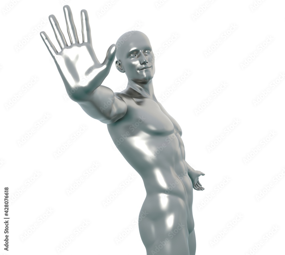 3D Render : Silver male character mode makes a hand sign with his right hand : Stop Symbol