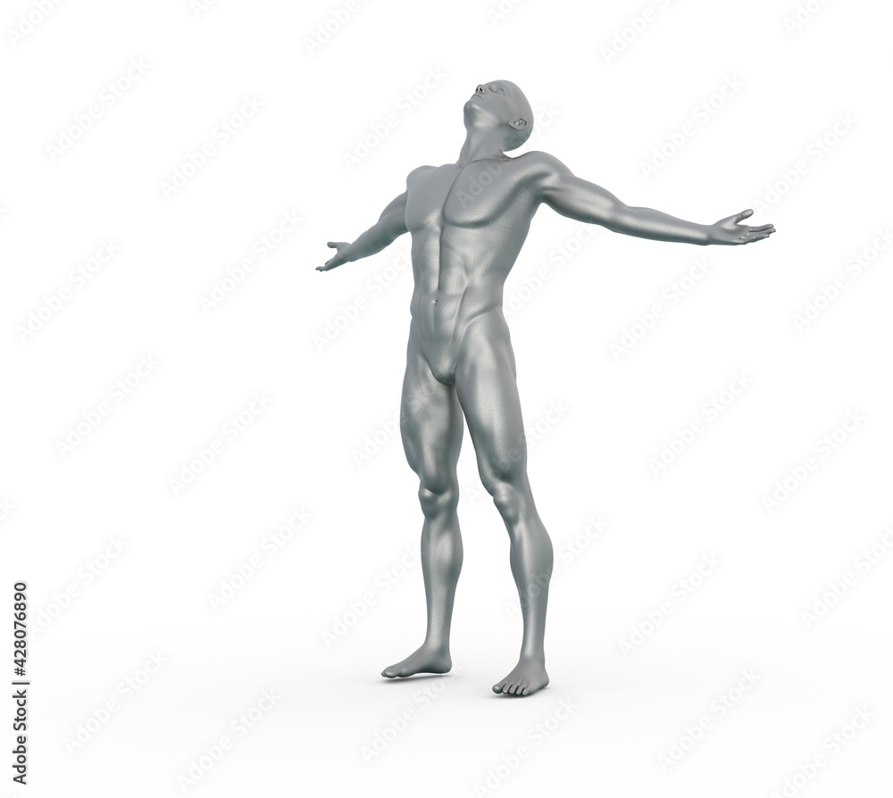 3D Render : silver texture male character stands with  the relaxation pose 