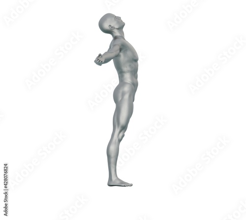 3D Render   silver texture male character stands with  the relaxation pose 