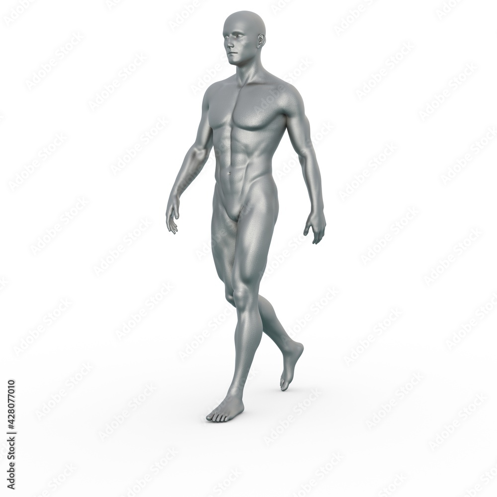 3D Render : Silver male model character is walking on the white background 3D Render : Silver male model character is walking on the white background