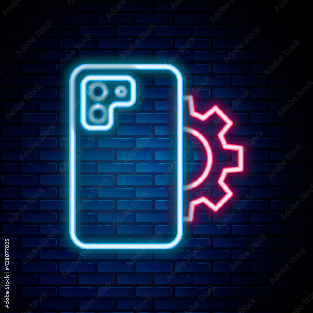 Glowing neon line Phone repair service icon isolated on brick wall background. Adjusting, service, setting, maintenance, repair, fixing. Colorful outline concept. Vector Glowing neon line Phone repair service icon isolated on brick wall background. Adjusting, service, setting, maintenance, repair, fixing. Colorful outline concept. Vector