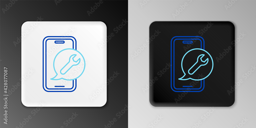 Line Mobile phone with wrench icon isolated on grey background. Adjusting, service, setting, maintenance, repair. Colorful outline concept. Vector Line Mobile phone with wrench icon isolated on grey background. Adjusting, service, setting, maintenance, repair. Colorful outline concept. Vector