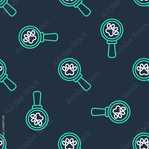 Line Veterinary clinic symbol icon isolated seamless pattern on black background. Cross hospital sign. Stylized paw print dog or cat. Pet First Aid sign. Vector