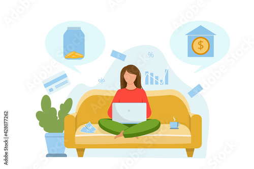 The girl is sitting on the couch and thinking about where to invest the money. Invest in a bank or store money in a glass jar. Vector flat illustration